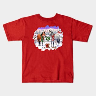 Christmas Horses Winter Farm Scene Kids T-Shirt